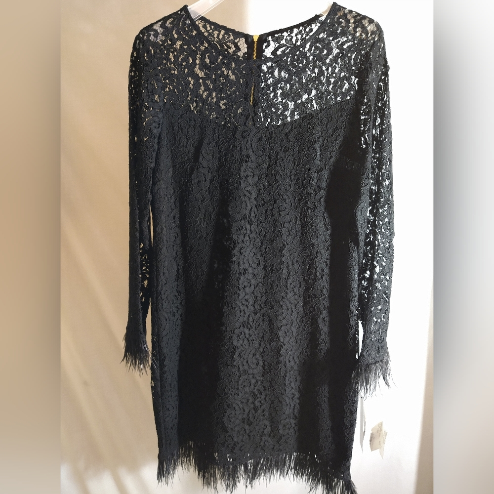 CALVIN KLEIN BLACK LACE COCKTAIL DRESS WITH REAL FEATHER TRIM